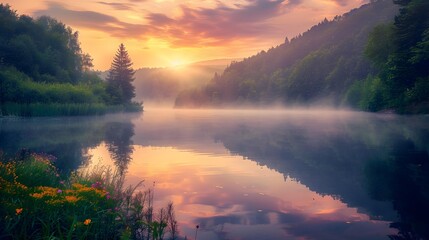 Sunset over a quiet lake reflecting the orange