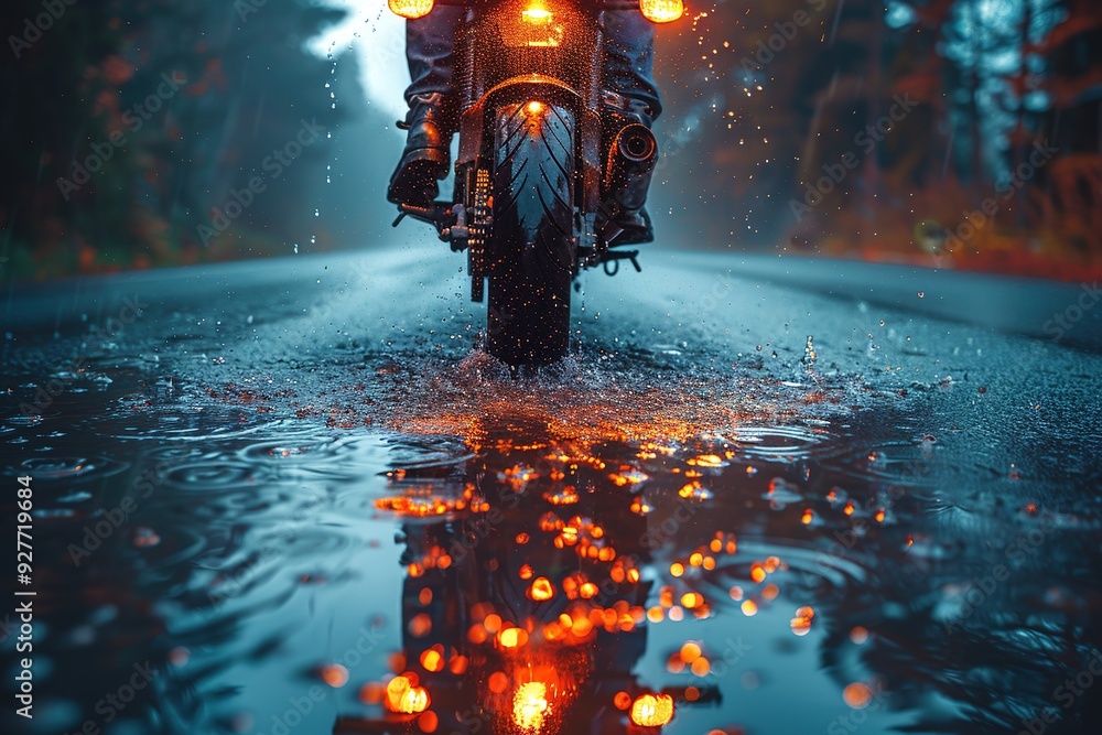 Poster a motorcycle is riding down a wet road with raindrops on the ground