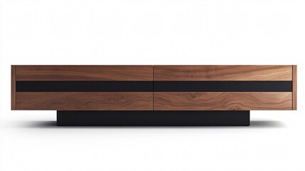 A modern media unit with a floating design, featuring a walnut wood finish and matte black drawer fronts, placed on an isolated white background