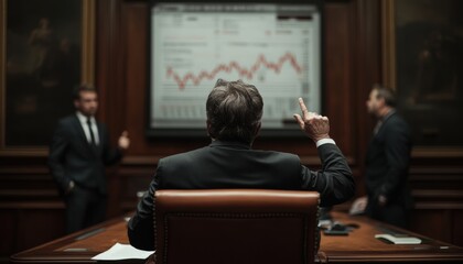 Business Meeting in Executive Boardroom with Financial Presentation on Screen and Businessmen Discussing Data