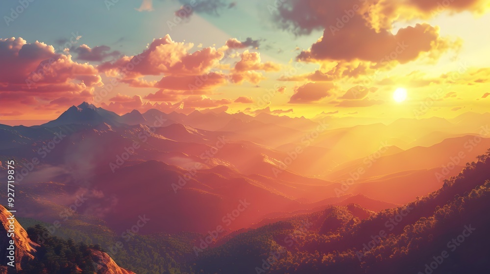 Wall mural sunset warm hues illuminate the flat mountain tops