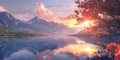 Naklejka premium Sunset warm hues paint the mountain peaks