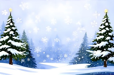 Winter landscape field and fir trees, space for text, water color painting, Christmas, New Year, holiday