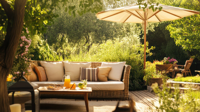 Sun-drenched patio with wicker sofa, surrounded by lush garden and umbrella, creating a warm, inviting, and idyllic setting for outdoor lounging and refreshments.