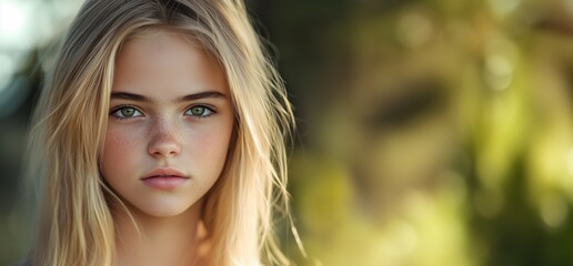 Naklejka premium A young girl with droopy green eyes and straight blond hair gazes thoughtfully at the camera, surrounded by soft, natural lighting.