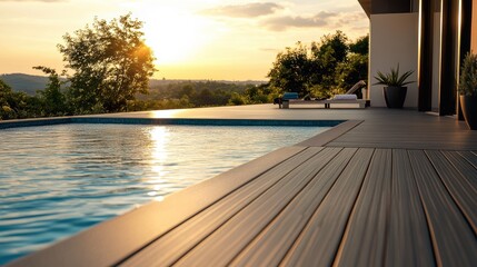 Modern pool deck bathed in golden sunset light, offering a serene outdoor retreat with loungers and lush green surroundings.