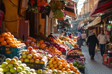 Customers explore a lively market, filled with an array of fresh fruits and vegetables, highlighting community engagement, Celebrate the sensory overload of sights, sounds, and smells in a market. 