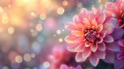 Fototapeta premium Dahlia flowers in twilight hues. Floral landscape with bokeh and sunset light. Design for wedding invitation or thank you card design. Background for a cosmetics website landing page. Banner with copy