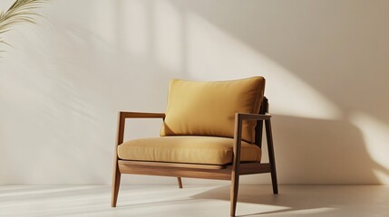 A stylish armchair with a mid-century modern aesthetic, featuring walnut wood accents and a mustard yellow cushion, centered on a neutral background
