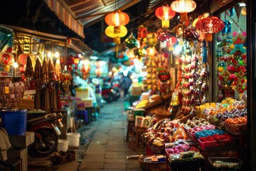 Naklejka premium A dynamic market environment with shoppers selecting fresh produce, surrounded by an abundance of colorful fruits and vegetables, Celebrate the sensory overload of sights, sounds, 