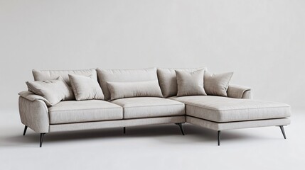 A stylish modern sofa with a chaise lounge extension, upholstered in soft, light gray fabric, and thin metal legs, placed on an isolated gray background
