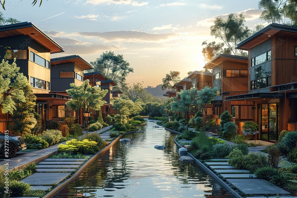 Poster a row of houses with a river running through the middle