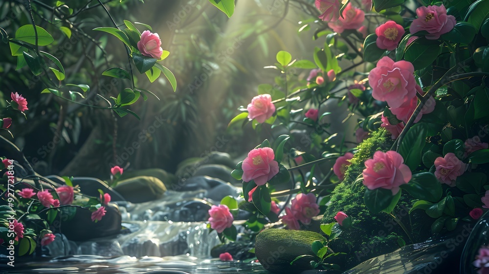 Poster pink camellias growing next to a stream