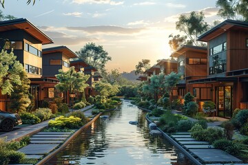 A row of houses with a river running through the middle