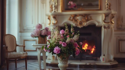 Fireplace decorated with flowers in elegant vases