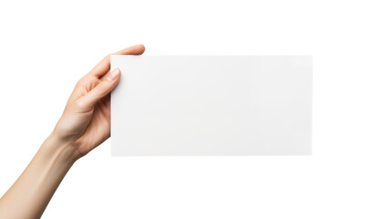 Obraz premium Close-up of a hand holding a blank white card isolated on a transparent background