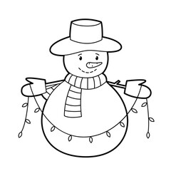 Cute snowman in hat with garland. Black white outline illustration, isolated on white background. Design elements or page of children's coloring book.