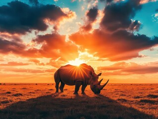 Fototapeta premium A majestic rhinoceros silhouetted against a vibrant sunset, embodying the beauty of wildlife in a serene landscape.