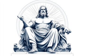 A majestic statue of Zeus, the king of the gods, seated on a throne with a radiating halo behind him.