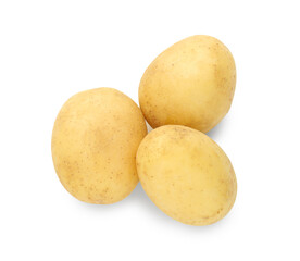 Three young fresh potatoes isolated on white, top view
