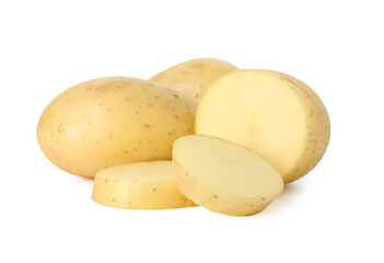 Fresh whole and cut potatoes isolated on white