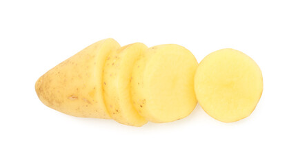 Cut young potato isolated on white, top view