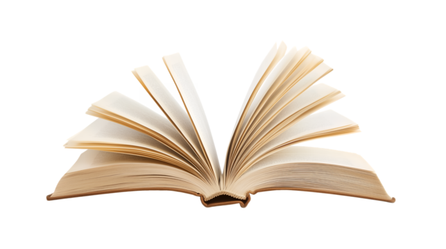 Open book with pages turning symbolizing imagination and creativity, transparent background