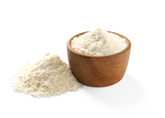 Fresh coconut flour in bowl isolated on white