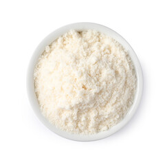 Fresh coconut flour in bowl isolated on white, top view