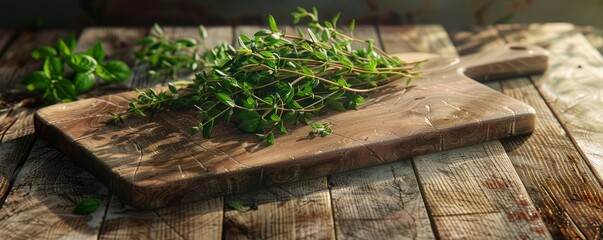Wooden cutting board with fresh herbs, 4K hyperrealistic photo