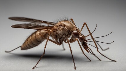 Close-up of a mosquito on a neutral background showing detailed features.