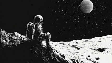 An astronaut looks at the starry sky from the surface of a planet.