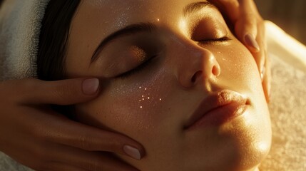 Naklejka premium A patient enjoys a relaxing facial treatment, surrounded by soft light and gentle hands, promoting rejuvenation and tranquility