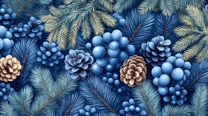 Obraz premium Vintage botanical pattern with seamless engraving pattern including conifers and berries.