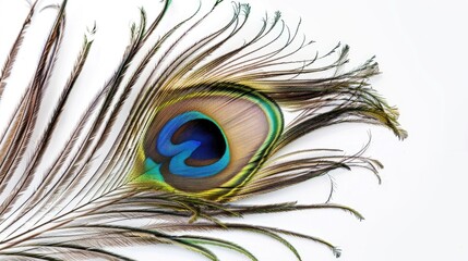 Obraz premium Peacock s feather close up on white backdrop