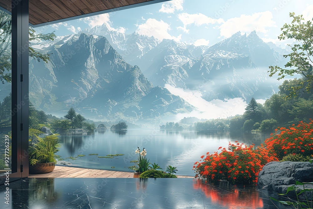 Poster a mountain range is visible in the background of a serene lake