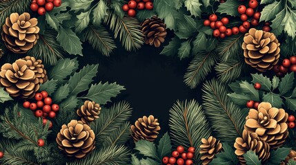 Fototapeta premium Retro botanical background with conifers, ferns and berries in engraving style.