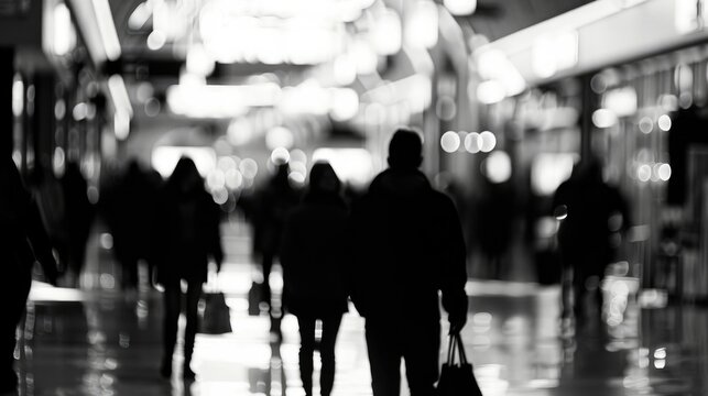 People silhouettes in mall against blurred backdrop in monochrome image