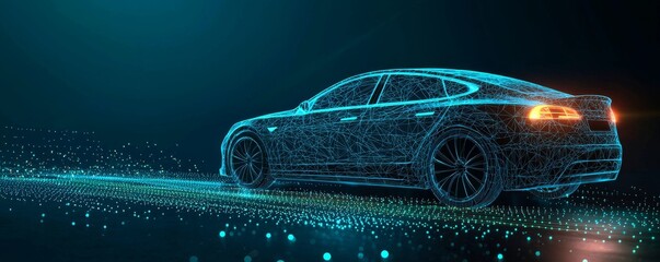 Futuristic illustration of a wireframe car with digital technology and innovation