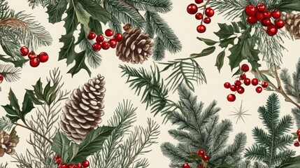 Vintage seamless pattern with engraving: conifers, ferns and berries.