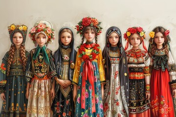Fototapeta premium A group of young girls are dressed in traditional clothing
