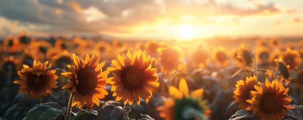 Sunflower field at sunset, 4K hyperrealistic photo