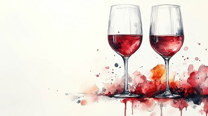 Watercolor painting of two glasses of red wine on a white background with red, orange, and black splatters. Generated by AI.