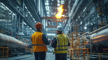 Fototapeta premium Heavy Industry Engineers Stand in Pipe Manufacturing Factory, Use Digital Tablet Computer, Have Discussion. Construction of Oil, Gas and Fuels Transport Pipeline. Back View Sparks Flying