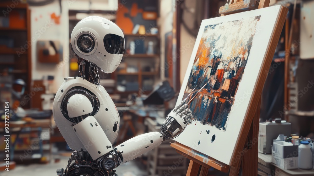 Poster humanoid ai robot working in an art studio painting a picture, art making robot, ai artist that can 