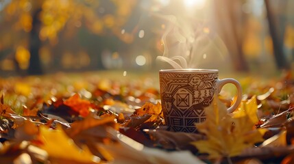 Hot coffee in a mug with a pattern