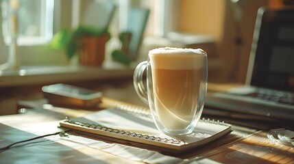 Coffee latte in a transparent double-walled mug decorated image