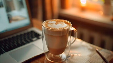 Latte coffee in a double-walled glass mug decorated