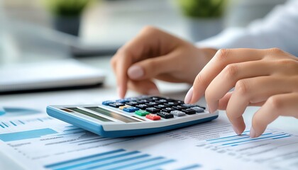 Close-up of hands using a calculator on financial documents. Ideal for business, accounting, and finance-related content.