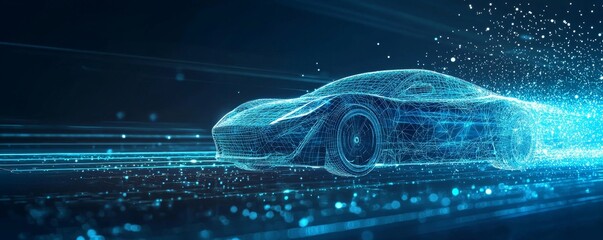 Futuristic wireframe car with digital holographic effects on a dark background